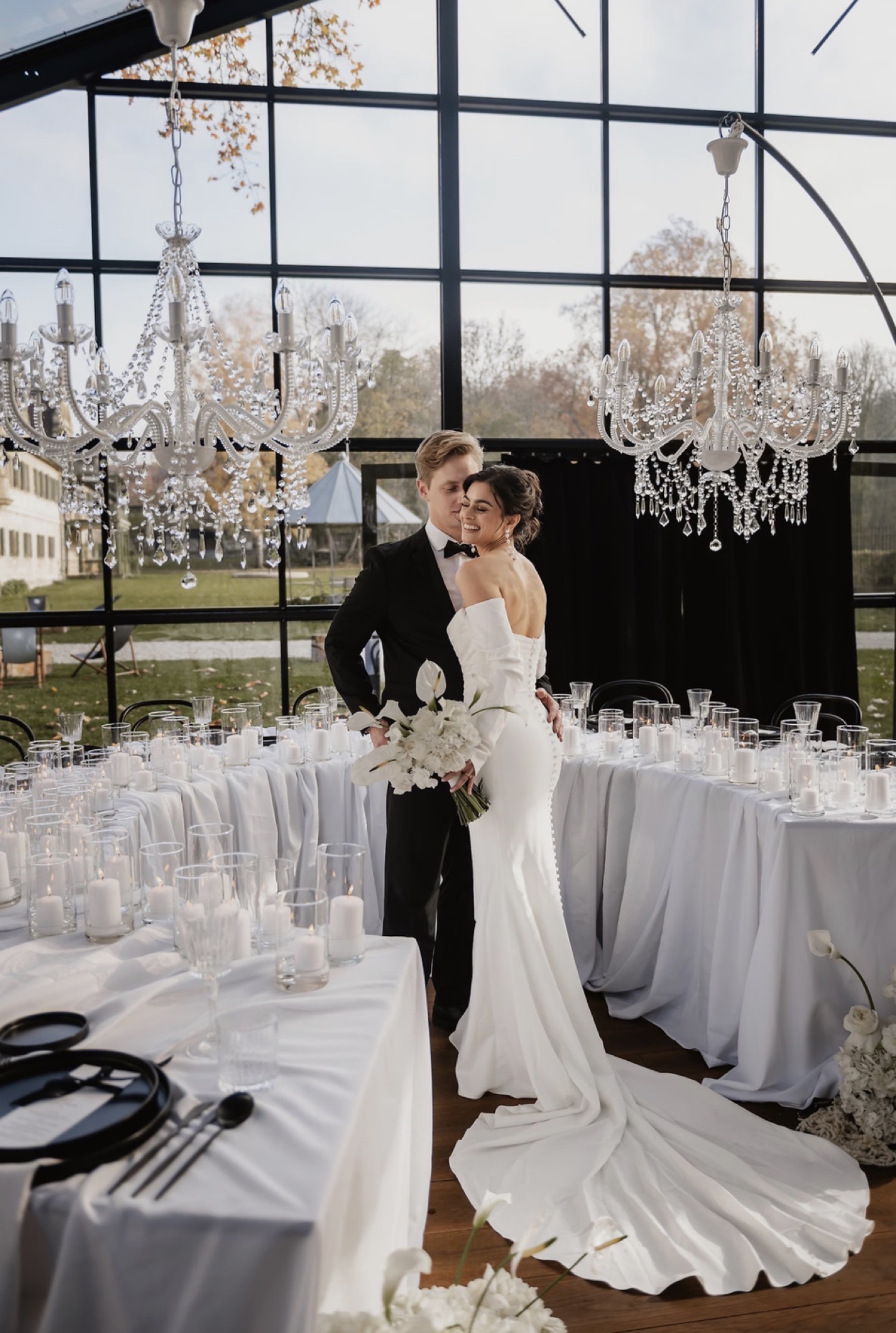 Glasshouse hung with chandeliers